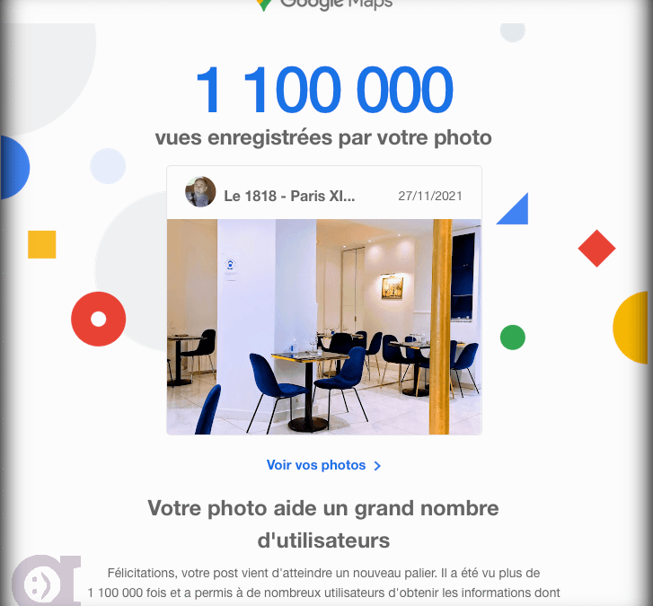 Photo vue 1,1 Million de fois sur Google Maps