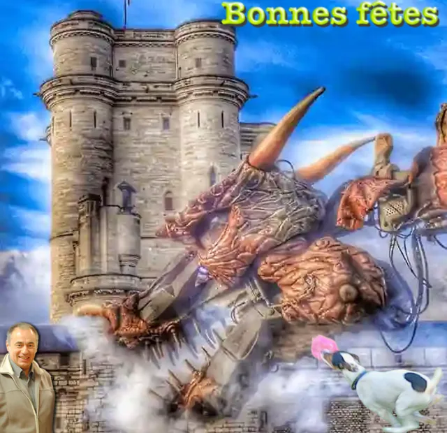Donjon du Chateau de Vincennes avec le Dragon mécanique du Spectacle. EN bas Pierre Alouit et Elleana