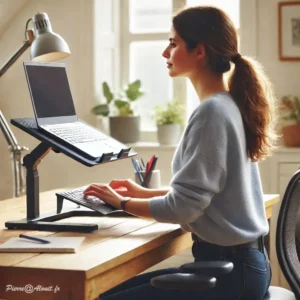 Jeune femme assise à un bureau, utilisant un support ergonomique pour son ordinateur portable et un clavier externe. Elle travaille dans un environnement lumineux avec des plantes vertes en arrière-plan, illustrant un espace de travail confortable et organisé pour la productivité.