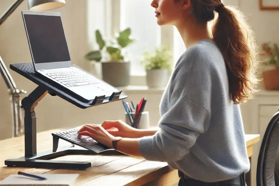 Jeune femme assise à un bureau, utilisant un support ergonomique pour son ordinateur portable et un clavier externe. Elle travaille dans un environnement lumineux avec des plantes vertes en arrière-plan, illustrant un espace de travail confortable et organisé pour la productivité.