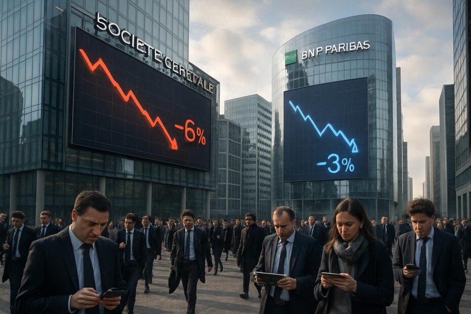la société générale chute de 6% en bourse, entraînée par les craintes liées à l'impact de l'intelligence artificielle sur le secteur bancaire, tandis que bnp paribas recule de 3%.