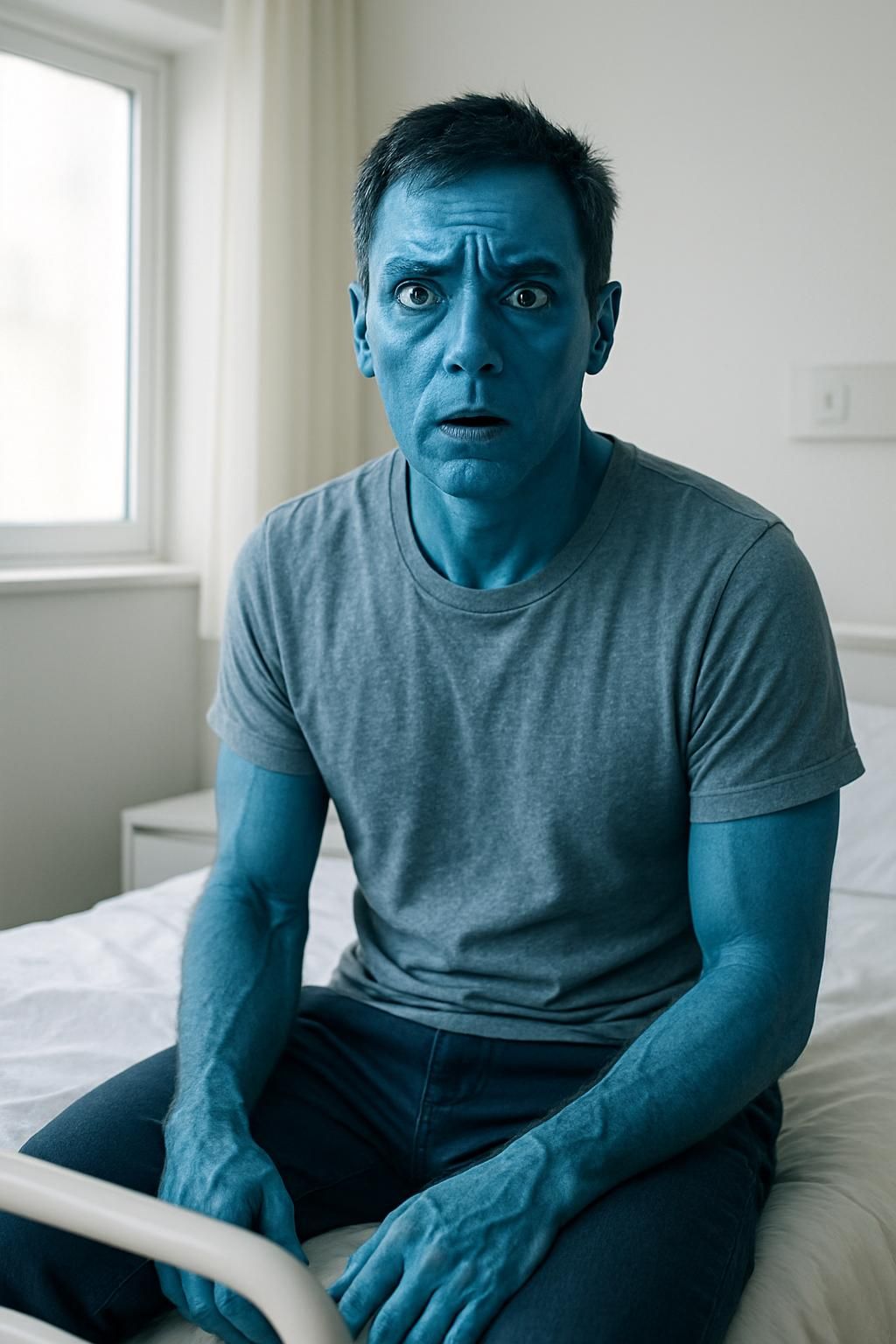 un homme se réveille avec une peau d'un bleu saisissant, révélant un mystère médical inattendu qui intrigue les spécialistes et soulève de nombreuses questions.