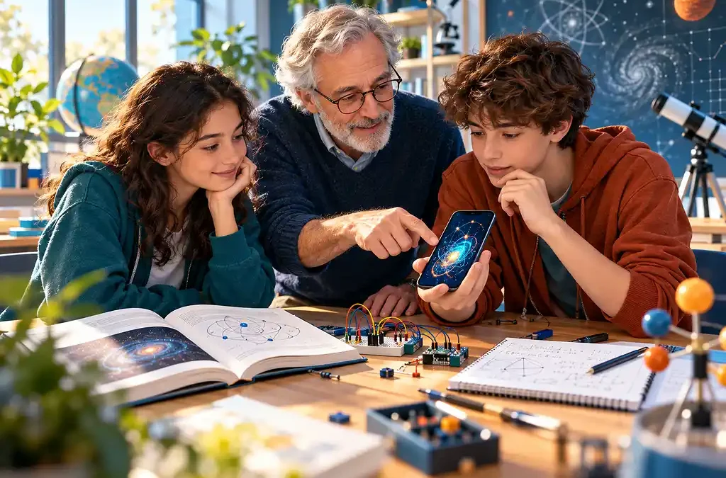 Un enseignant accompagne deux adolescents dans une activité scientifique utilisant un smartphone et un montage électronique